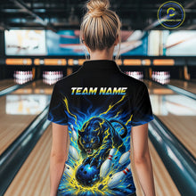 Load image into Gallery viewer, Person wearing a black bowling shirt with a panther design and 'TEAM NAME' text in a bowling alley.