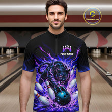 Load image into Gallery viewer, Man wearing a black and purple bowling shirt with a panther design in a bowling alley.
