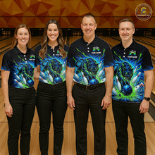 Load image into Gallery viewer, Four people wearing matching bowling shirts with a colorful design on a bowling alley.