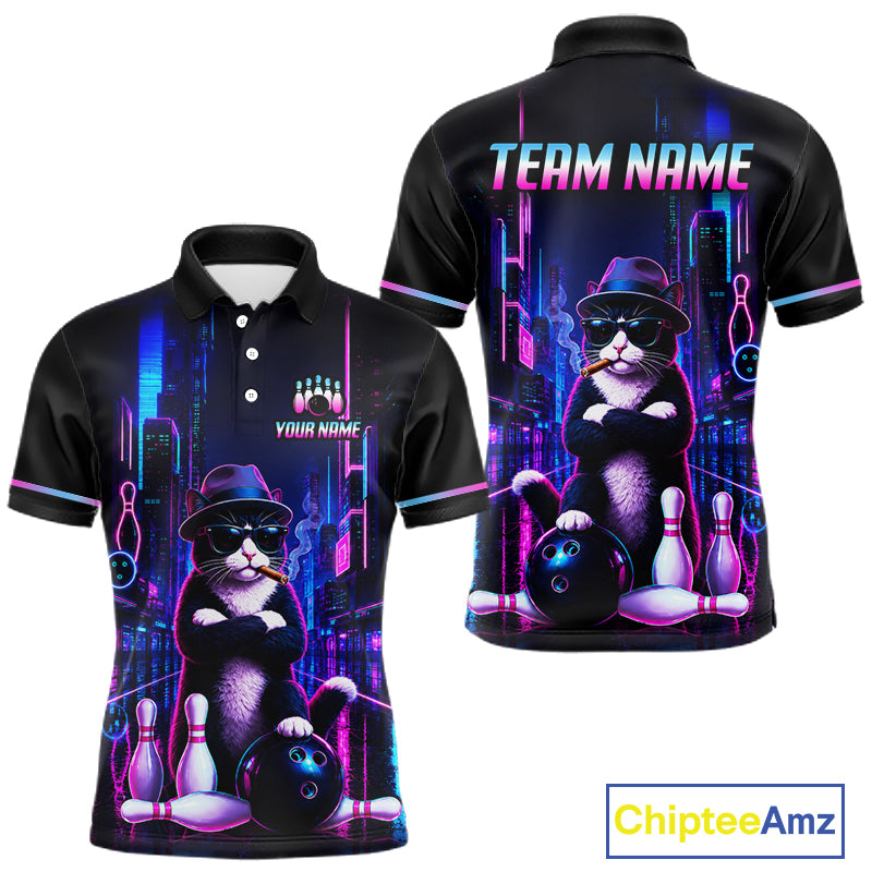 Neon Funny Cat Bowling Jersey for Men Custom Cat Bowling Team Shirts Polo & 1/4 Zip HNT510