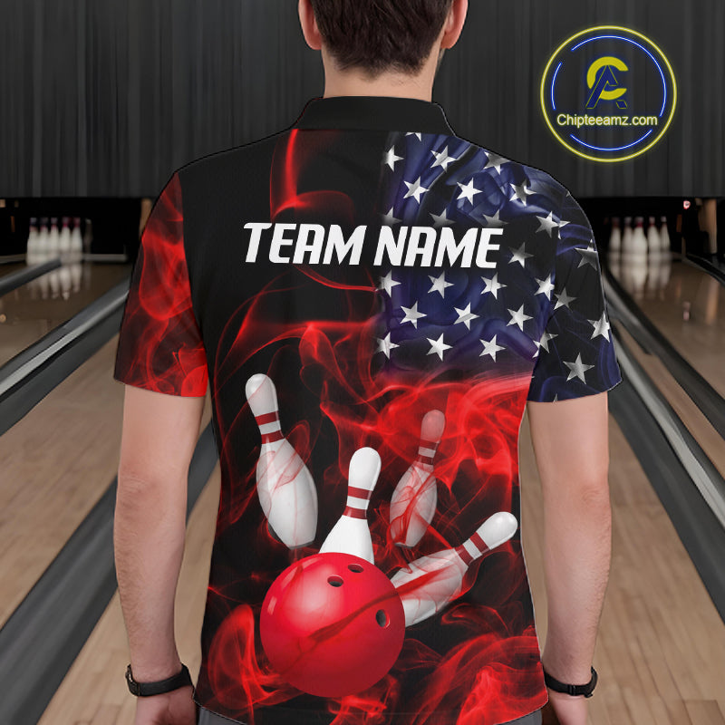 Men’s us flag smoke bowling polo shirt, back view on male model in bowling lane 