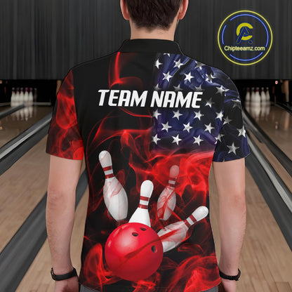 Men’s us flag smoke bowling polo shirt, back view on male model in bowling lane 