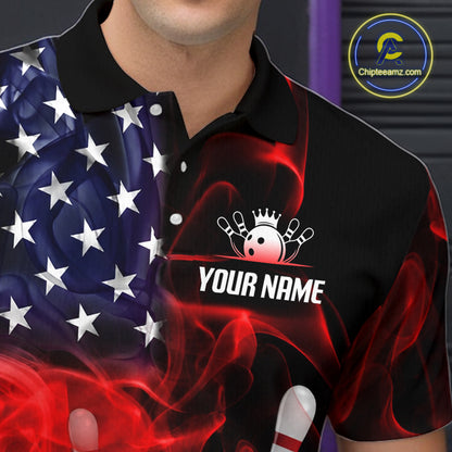 Men’s us flag smoke bowling polo shirt with custom name, angled front view showing custom team design 