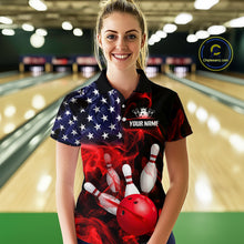 Load image into Gallery viewer, Women’s us flag smoke bowling polo shirt, front view on female model in bowling lane 