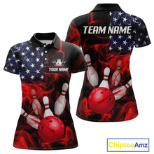 Load image into Gallery viewer, Custom us flag smoke bowling jersey for women, personalized team bowling polo shirt front view and back view.