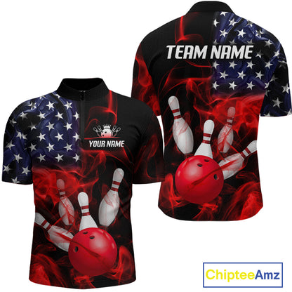 Custom us flag smoke bowling jersey for men, personalized team bowling quarter zip shirt front view and back view.