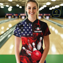 Load image into Gallery viewer, Women’s us flag smoke bowling quarter zip shirt, front view on female model in bowling lane 