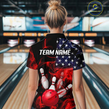Load image into Gallery viewer, Women’s us flag smoke bowling polo shirt, back view on female model in bowling lane 