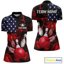 Load image into Gallery viewer, Custom us flag smoke bowling jersey for women, personalized team bowling quarter zip shirt front view and back view.