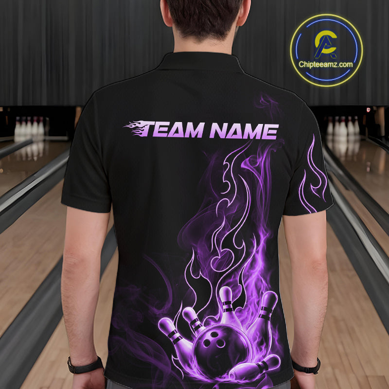 A man viewed from behind wearing a black short-sleeve polo shirt with a purple and white graphic design on the back. The design features the text 'TEAM NAME' and a stylized bowling ball and pins surrounded by purple flames.