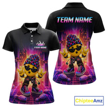 Load image into Gallery viewer, Custom neon synthwave rocker bowling jersey for women, personalized team bowling polo shirt front view and back view.