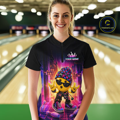 Women’s neon synthwave rocker bowling quarter zip shirt, front view on female model in bowling lane 