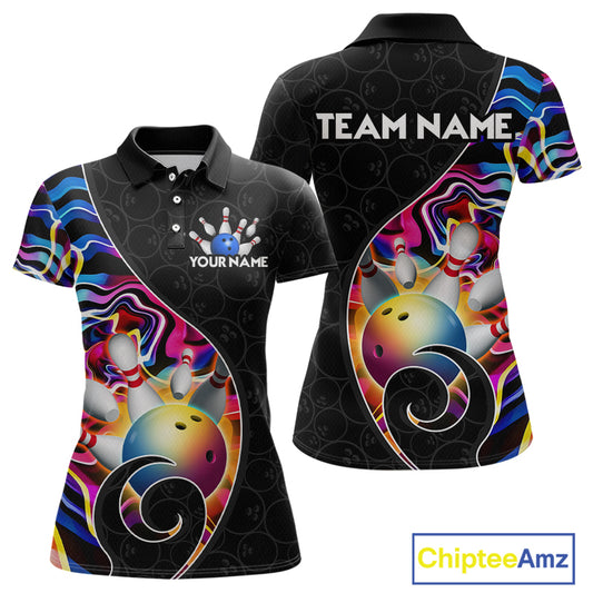 Women’s blue neon wave strike bowling shirt with custom name, front view polo design on white background