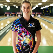 Load image into Gallery viewer, Women’s blue neon wave bowling polo shirt, front view on male model in bowling lane