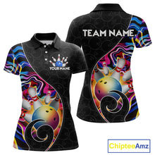 Load image into Gallery viewer, Women’s blue neon wave strike bowling shirt with custom name, front view polo design on white background