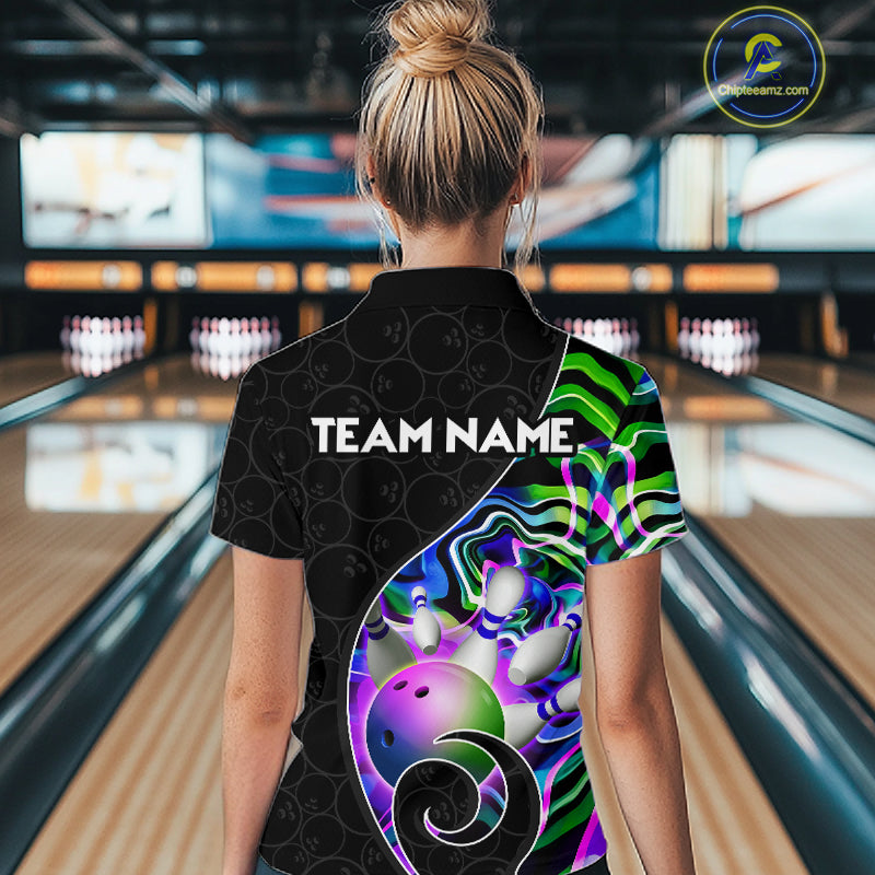 Women’s green neon wave bowling polo shirt, back view on male model in bowling lane 