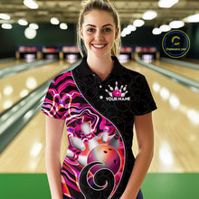 Load image into Gallery viewer, Women’s pink neon wave bowling polo shirt, front view on female model in bowling lane