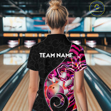 Load image into Gallery viewer, Women’s pink neon wave bowling quarter zip shirt, back view on female model in bowling lane 
