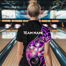 Load image into Gallery viewer, Women’s purple neon wave bowling quarter zip shirt, back view on female model in bowling lane
