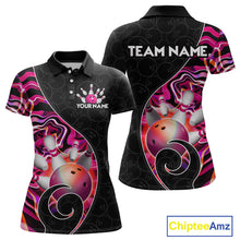 Load image into Gallery viewer, Women’s pink neon wave strike bowling shirt with custom name, front view polo design on white background