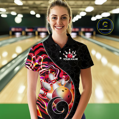 Women’s red neon wave bowling polo shirt, front view on female model in bowling lane 