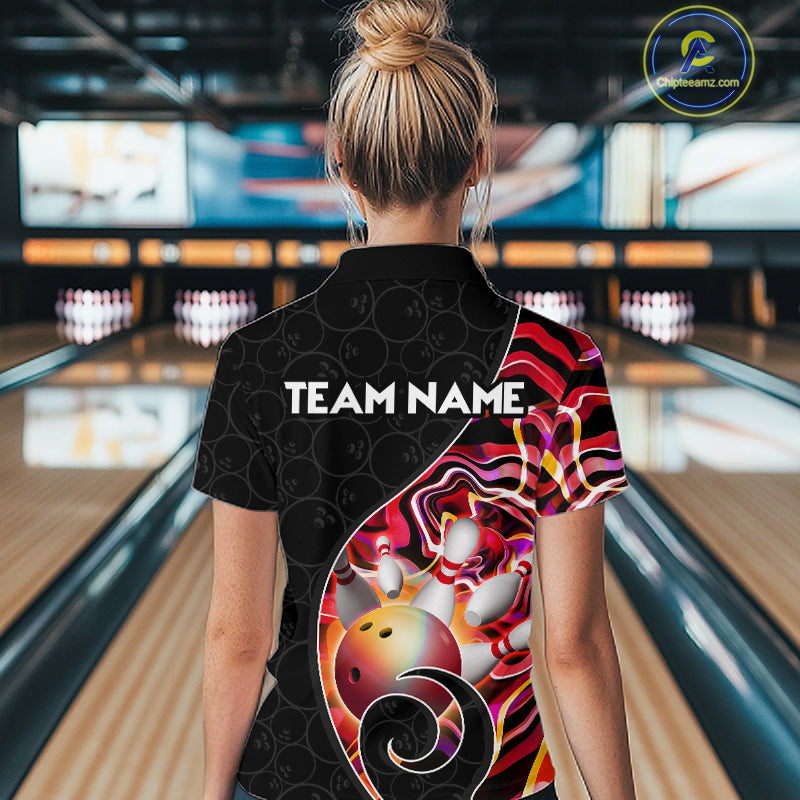 Women’s red neon wave bowling polo shirt, back view on female model in bowling lane