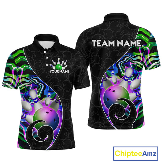 Men’s green neon wave strike bowling shirt with custom name, front view polo design on white background