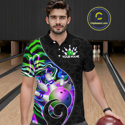 Men’s green neon wave bowling polo shirt, front view on male model in bowling lane 