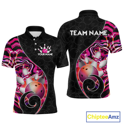 Men’s pink neon wave strike bowling shirt with custom name, front view polo design on white background