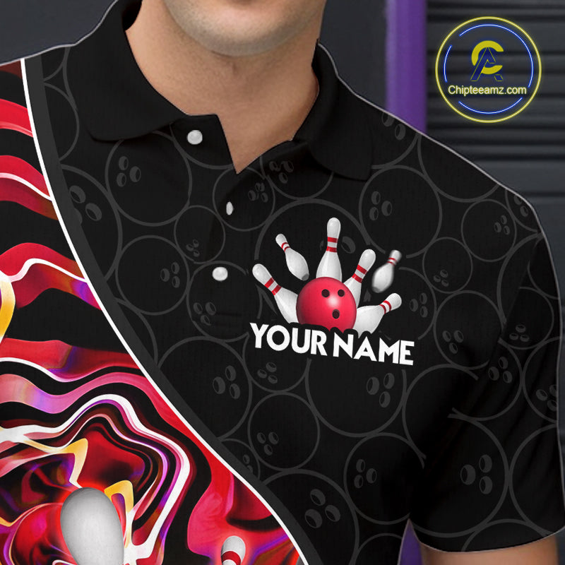 Men’s red neon wave bowling polo shirt, angled front view showing custom team design