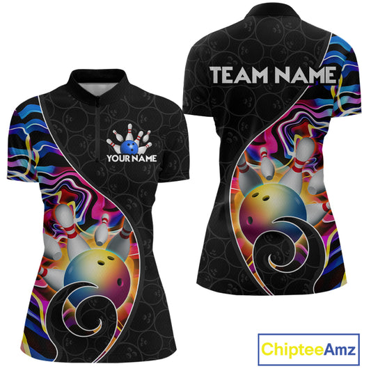 Women’s blue neon wave strike bowling shirt with custom name, front view quarter zip design on white background