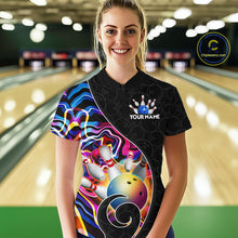 Load image into Gallery viewer, Women’s blue neon wave bowling quarter zip shirt, front view on male model in bowling lane 