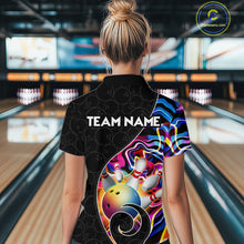 Load image into Gallery viewer, Women’s blue neon wave bowling quarter zip shirt, back view on male model in bowling lane