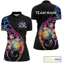 Load image into Gallery viewer, Women’s blue neon wave strike bowling shirt with custom name, front view quarter zip design on white background