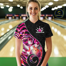 Load image into Gallery viewer, Women’s pink neon wave bowling quarter zip shirt, front view on female model in bowling lane 