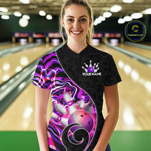 Load image into Gallery viewer, Women’s purple neon wave bowling quarter zip shirt, front view on female model in bowling lane