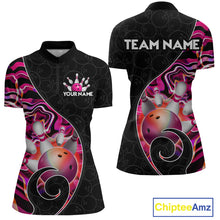 Load image into Gallery viewer, Women’s pink neon wave strike bowling shirt with custom name, front view quarter zip design on white background