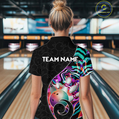 Women’s turquoise neon wave bowling quarter zip shirt, back view on female model in bowling lane