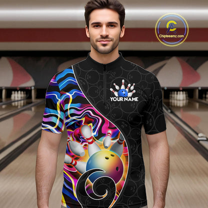 Men’s blue neon wave bowling quarter zip shirt, front view on male model in bowling lane 