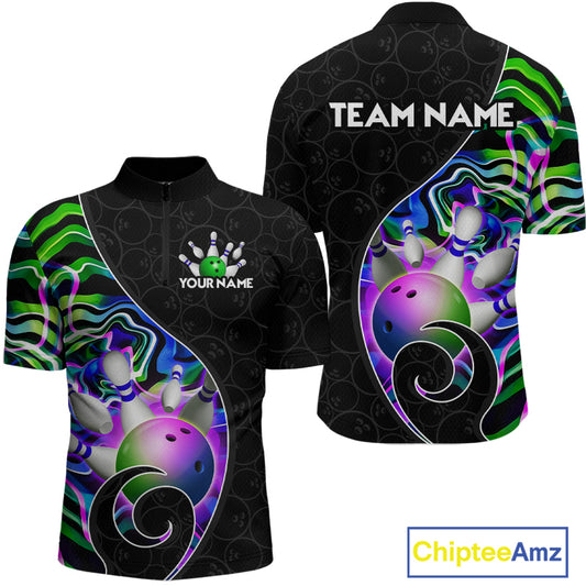 Men’s green neon wave strike bowling shirt with custom name, front view quarter zip design on white background