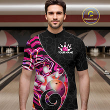 Load image into Gallery viewer, Men’s pink neon wave bowling quarter zip shirt, front view on male model in bowling lane 