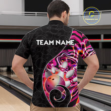 Load image into Gallery viewer, Men’s pink neon wave bowling quarter zip shirt, front back on male model in bowling lane 