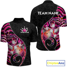 Load image into Gallery viewer, Men’s pink neon wave strike bowling shirt with custom name, front view quarter zip design on white background