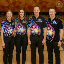 Load image into Gallery viewer, Group of male bowlers in blue neon wave team shirts, personalized bowling uniforms front view.