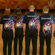 Load image into Gallery viewer, Group of male bowlers in blue neon wave team shirts, personalized bowling uniforms back view