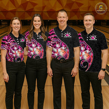 Load image into Gallery viewer, Group of  bowlers in pink neon wave team shirts, personalized bowling uniforms front view.