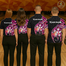Load image into Gallery viewer, Group of bowlers in pink neon wave team shirts, personalized bowling uniforms back view