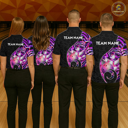 Group of male bowlers in purple neon wave team shirts, personalized bowling uniforms back view