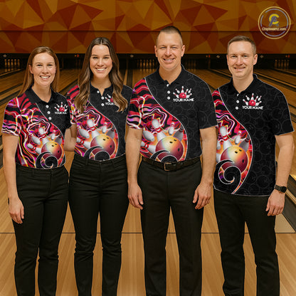 Group of  bowlers in red neon wave team shirts, personalized bowling uniforms front view