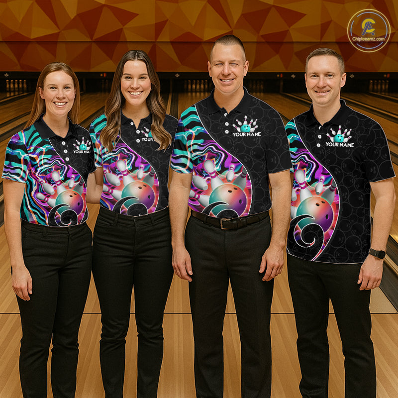 Group of  bowlers in turquoise neon wave team shirts, personalized bowling uniforms front view